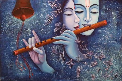 Krishna Playing the Flute: Uma Sinfonia de Cores Vibrante em um Retrato Devoto!